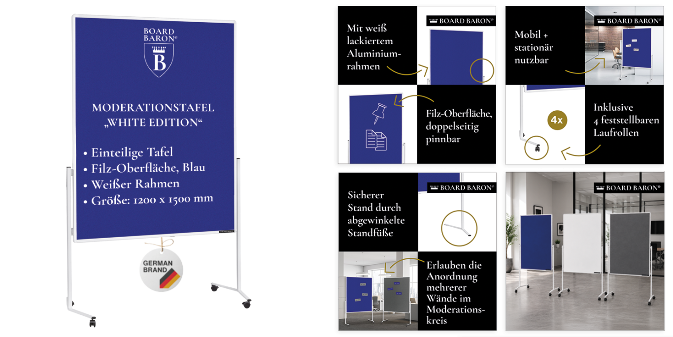 BOARD BARON Moderationstafel "White Edition" BoardBaron Moderationstafel "White Edition", Filz:blau